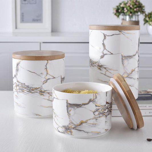 Marbled Ceramic Wooden lid airtight jar