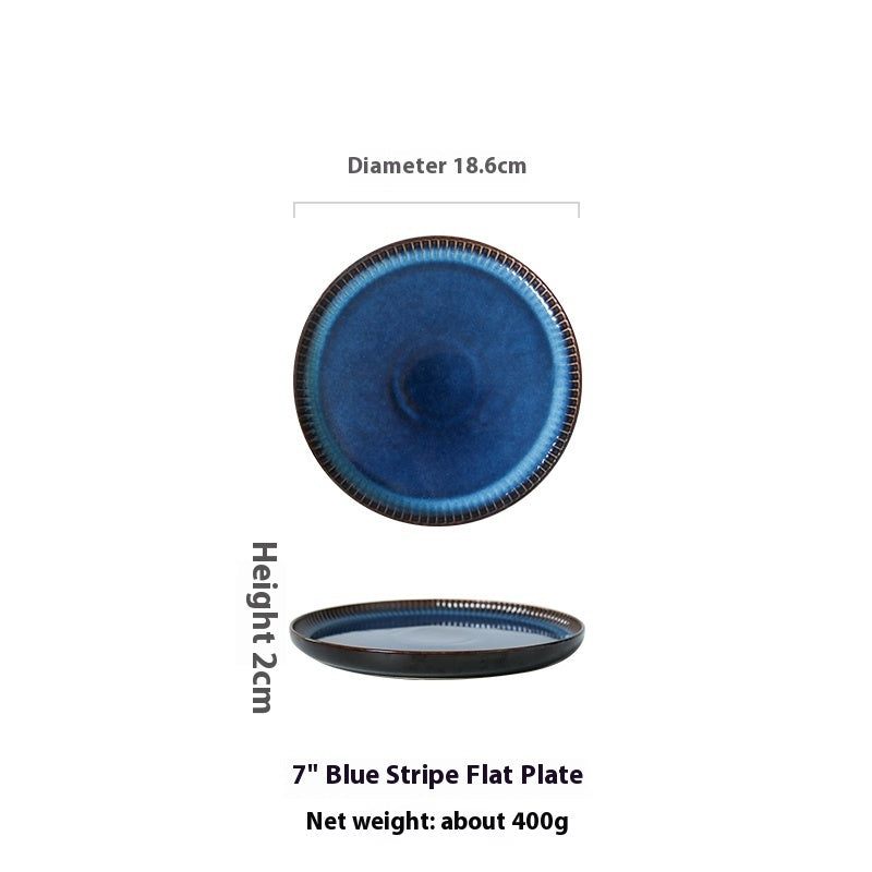 Blue Striped Flat Household Ceramic Plate