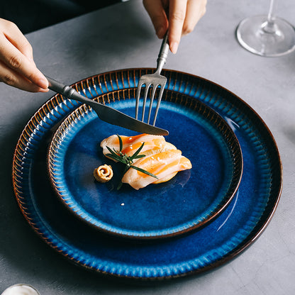 Blue Striped Flat Household Ceramic Plate