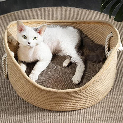 Wicker Cat Bed Basket Corrugated Scratching Board Comfortable Pet House Nest For Cats